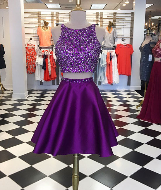 Purple two pieces sequin short prom ...